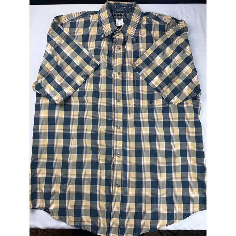 Wrangler TwentyX Mens Short Sleeve Plaid Western Button Down Shirt Blue XL